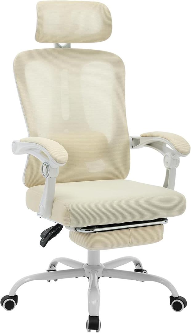 Ergonomic Mesh Office Chair - Home Desk Chair with Footrest, High-Back Computer Gaming Chair with Headrest Adjustable Lumbar Support, Rolling Swivel Task Chairs for Home, Office(Beige)