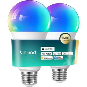 Linkind Matter Smart Light Bulb,1600LM 100W Smart Bulbs Work with Alexa/Apple Home/Google Home/SmartThings, RGBTW LED Color Changing Bulbs Music Sync, 2.4GHz Wi-Fi Light Bulbs LED 11W, A21 E26, 2Pack