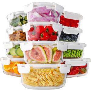 HOMBERKING 24pc Glass Food Storage Containers with Lids, Glass Meal Prep Containers with Leak Proof Snap Lock Lids, Airtight Bento Lunch Boxes, Kitchen Storage (12 lids & 12 Containers) - White (12 Pack 11~35oz)