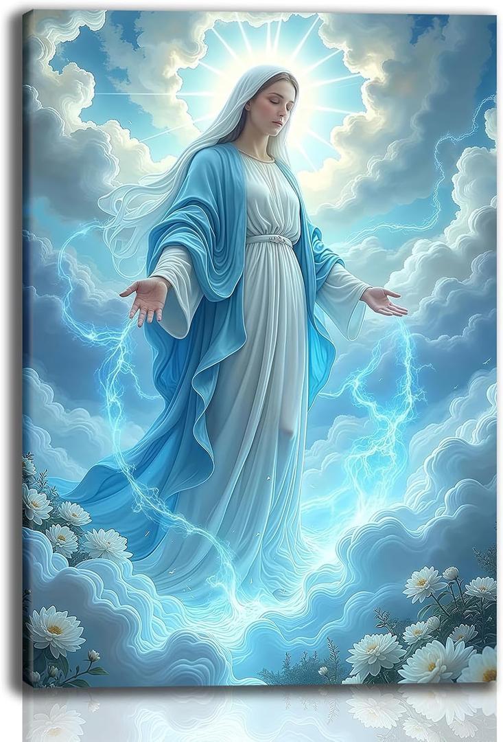 Framed Virgin Mary Wall Art Religious Christian Canvas Painting Blue Mother Surrounded by Clouds Spiritual Poster Print Picture for Living Room Prayer Room or Church 12X16In