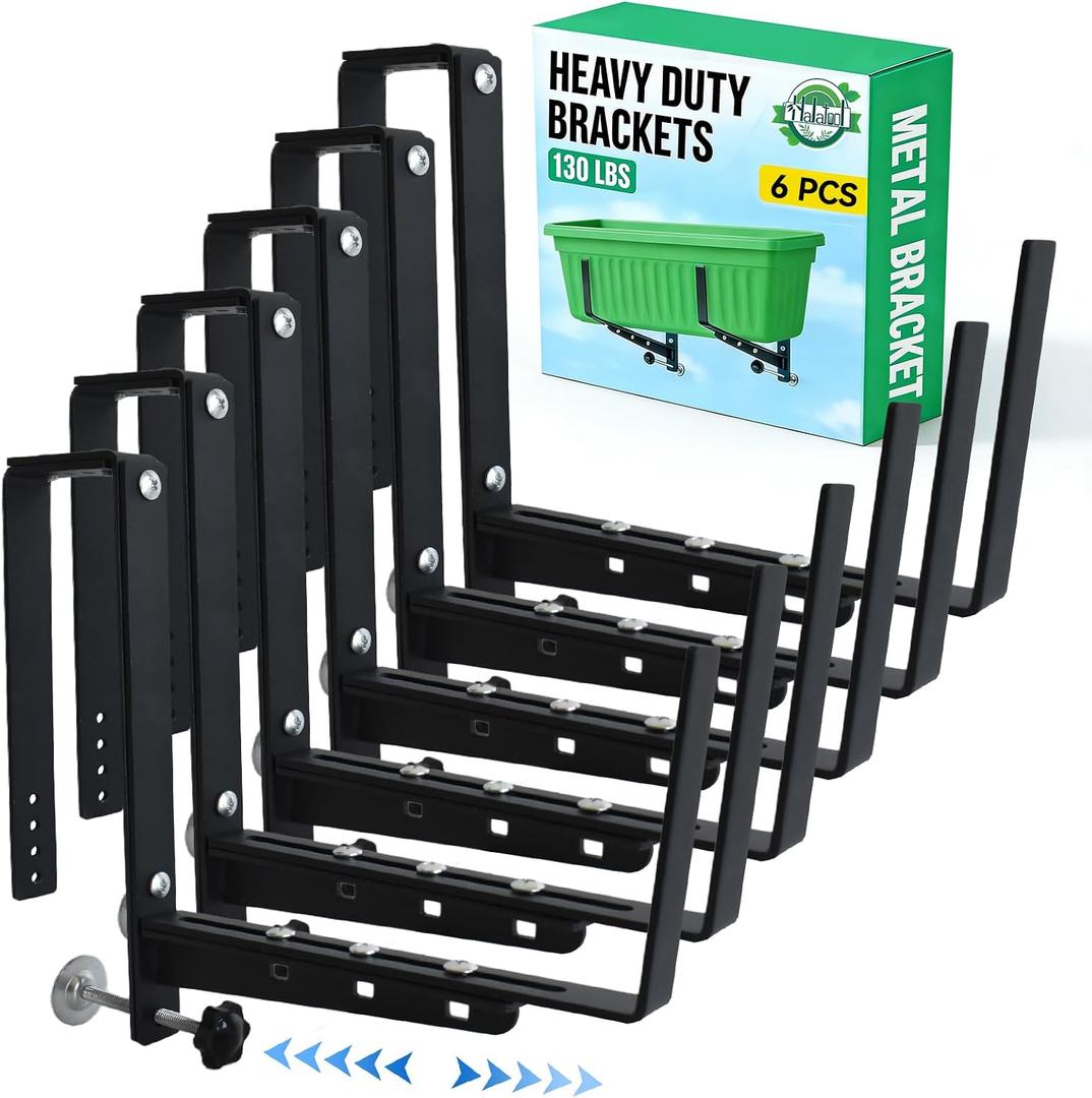 Halatool Window Box Brackets, 6 Pack Adjustable Flower Planter Box Brackets, Heavy Duty No Drill Window Box Brackets with 75 lb Capacity for Outdoor Railings, Balcony, Porch, Fence, and Garden