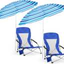 Huwena 2 Pack Beach Chairs with Umbrella for Adults, Low Folding Chair Set, Adjustable Detachable Umbrella, Lightweight Portable with Cup Holder & Carry Bag, for Beach Camping Travel(Dark Blue)