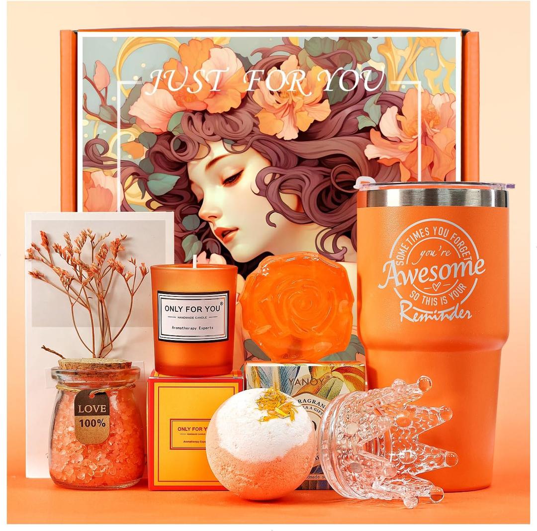 Gifts for Women Unique Spa Gifts Basket Set Birthday, Mothers Day, Valentines Day Christmas Gifts for Mom, Sister, Her, Girlfriend, Wife Bright Orange Gift Box