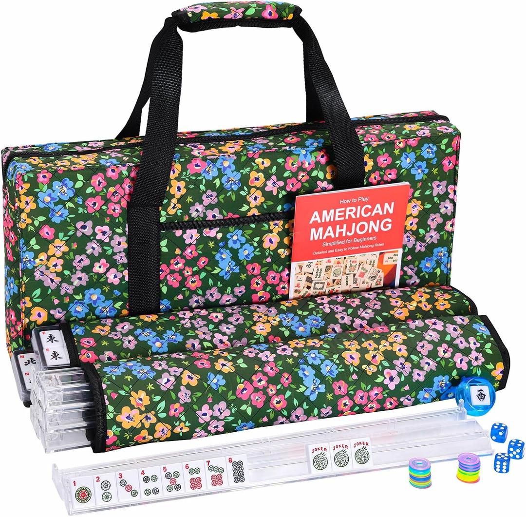 American Mahjong Tile Set, 166 Tiles, 4 All-in-One Mahjong Racks with Pushers, Mahjong Set with Green Bag for Beginners (Ma Jong, Mah-Jongg)
