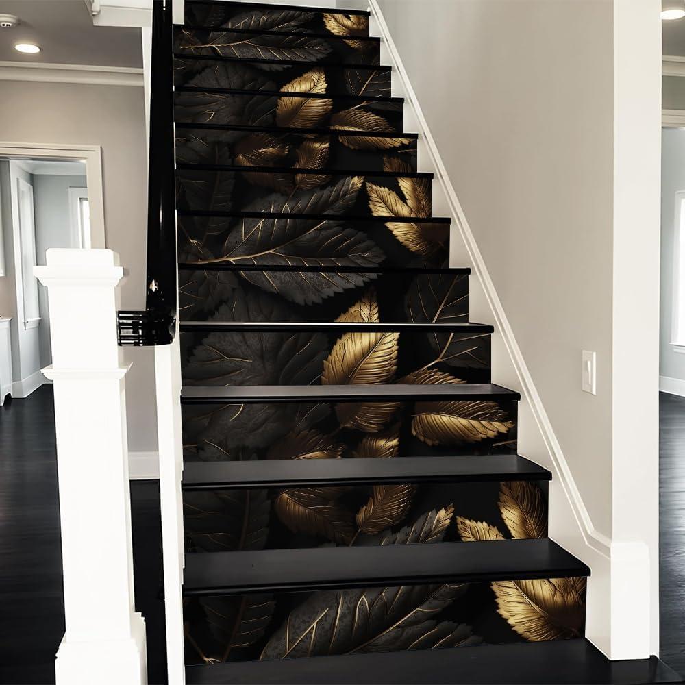 REDAMANCY Modern Dark Black/Gold/Grey Leaves Abstract Peel and Stick Vinyl Stair Riser Decals Staircase Tile Stickers Decor Modern Marble Decoration Self-Adhesive(14 Pcs) (Stad-024)