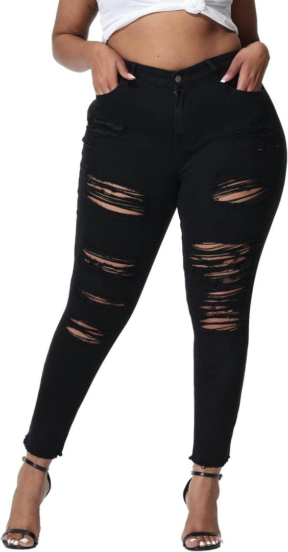 Womens Plus Size Skinny Jeans Stretchy High Waisted Ripped Distressed Ankle Jean (Black-057), 24W