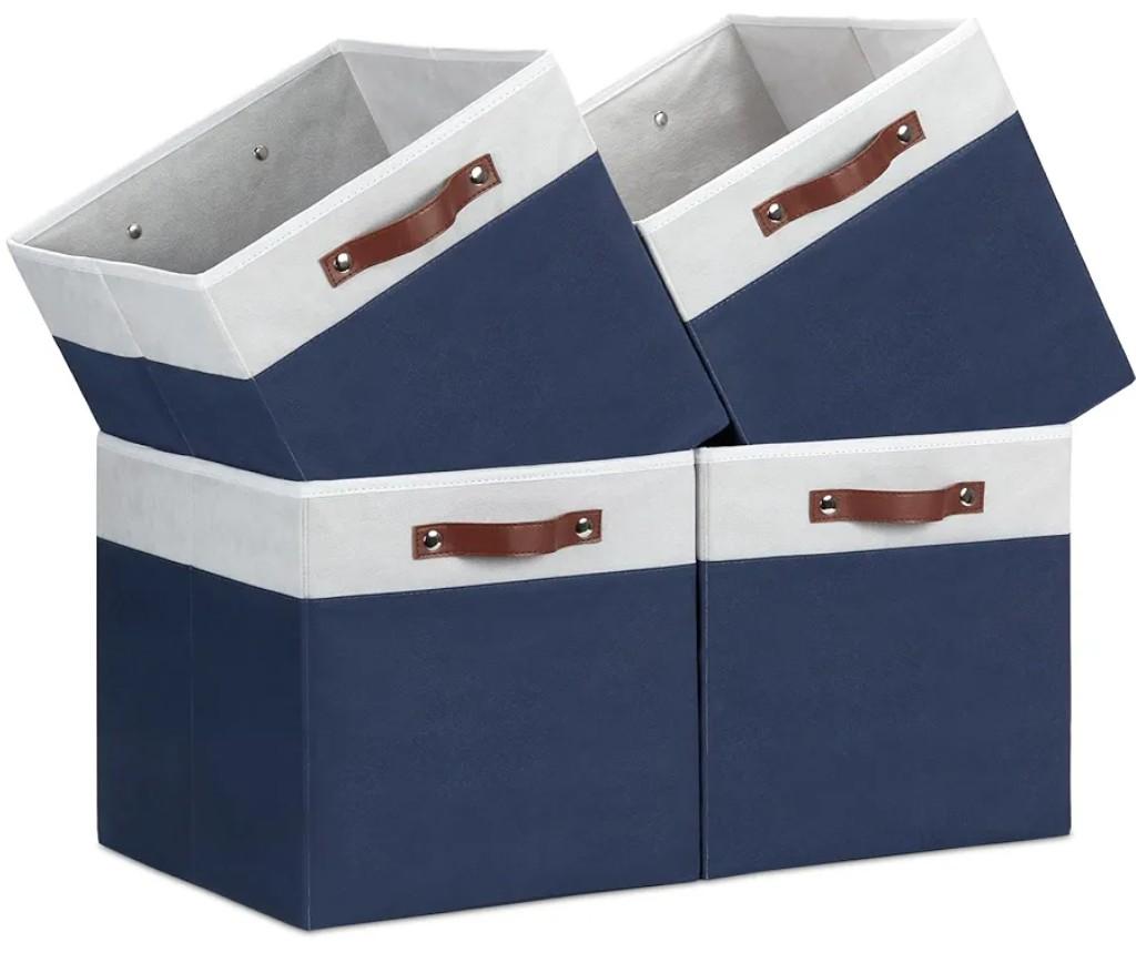 Temary Cube Storage Bins 7-Pack Foldable Cube Baskets for Clothes Shelf Storage Basket with Handles, Storage Box Fabric Storage Organizer Bins for Home (White&Blue, 13x15x13 Inch)