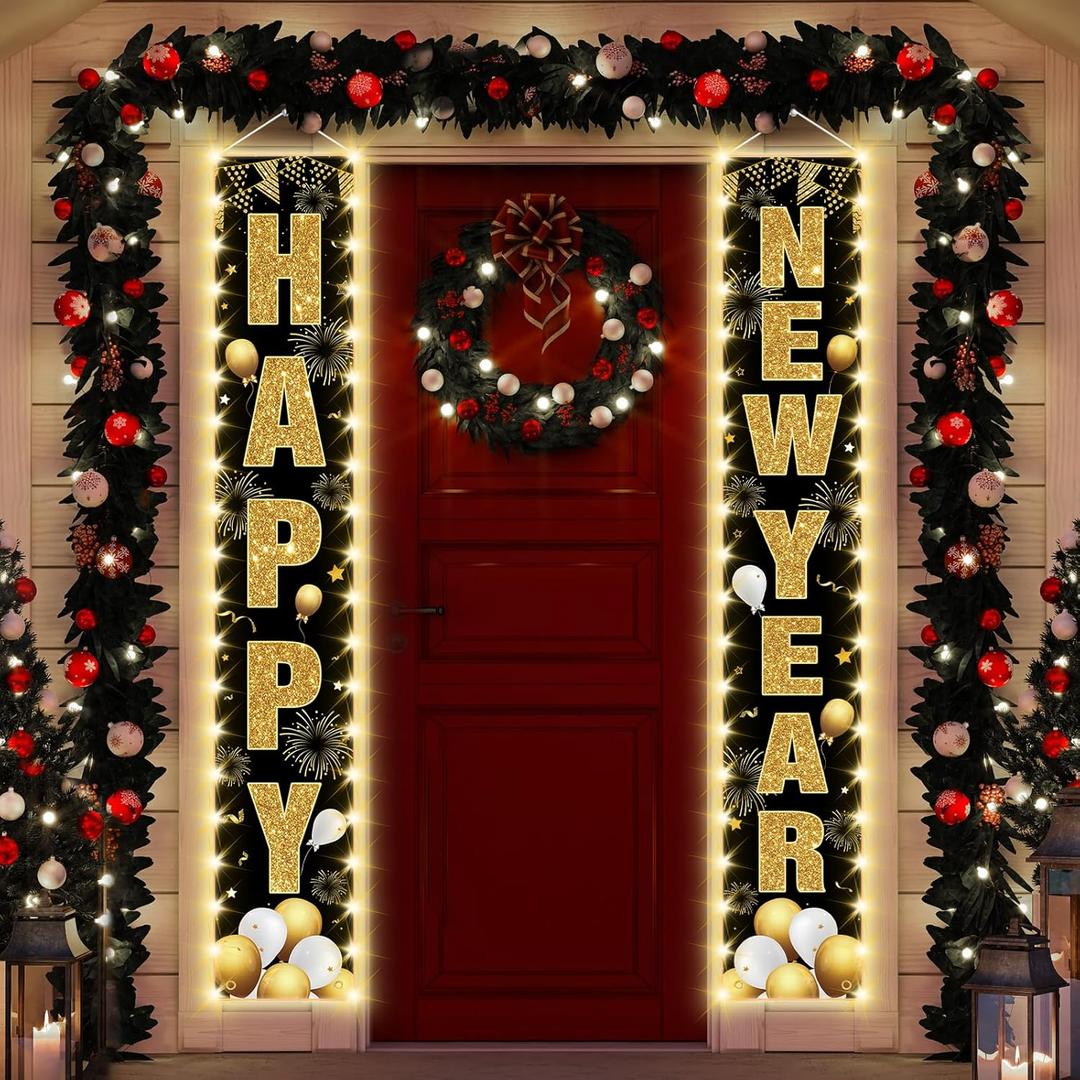 71 x 12 Inches Happy New Year Lighted Banner for Doorway Porch Yard, Festive NYE Holiday Theme Decor Outdoor Indoor Front Door Wall Welcome Hanging LED Banner Door Sign Decorations Party Supplies2025
