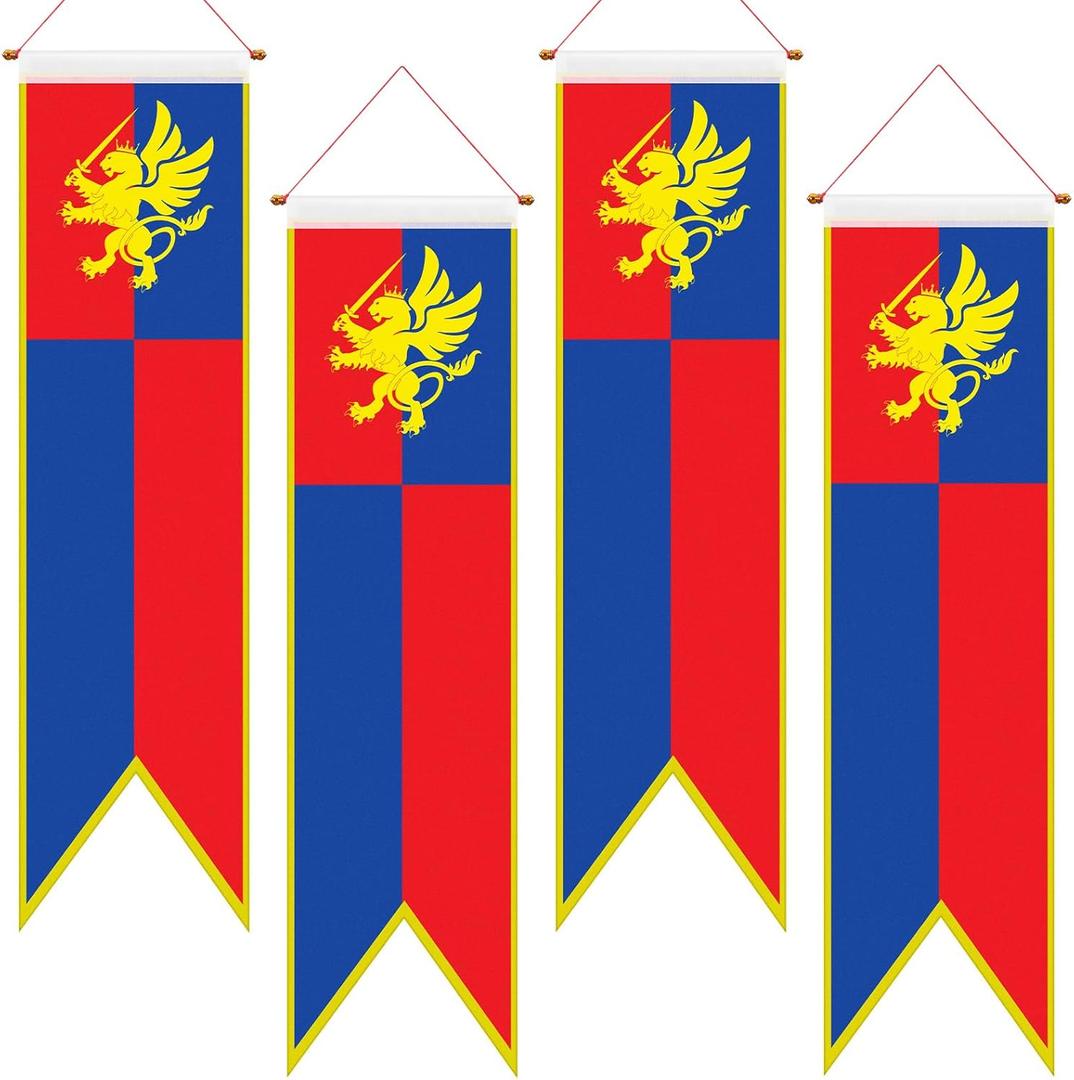 Oudain 4 ft Medieval Fantasy Pull-down Banner with Lion Design Hanging Party Bunting Banner Medieval Party Decorations Garden Cutouts Flag for Castle Theme Festival Birthday Decor(4 Pcs)