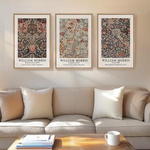 Framed William Morris Canvas Wall Art Set of 3, Vintage Boho Floral Paintings Prints, Rustic Farmhouse Botanical Artwork for Living Room, Bedroom, Hallway or Office, 16x24 Inch