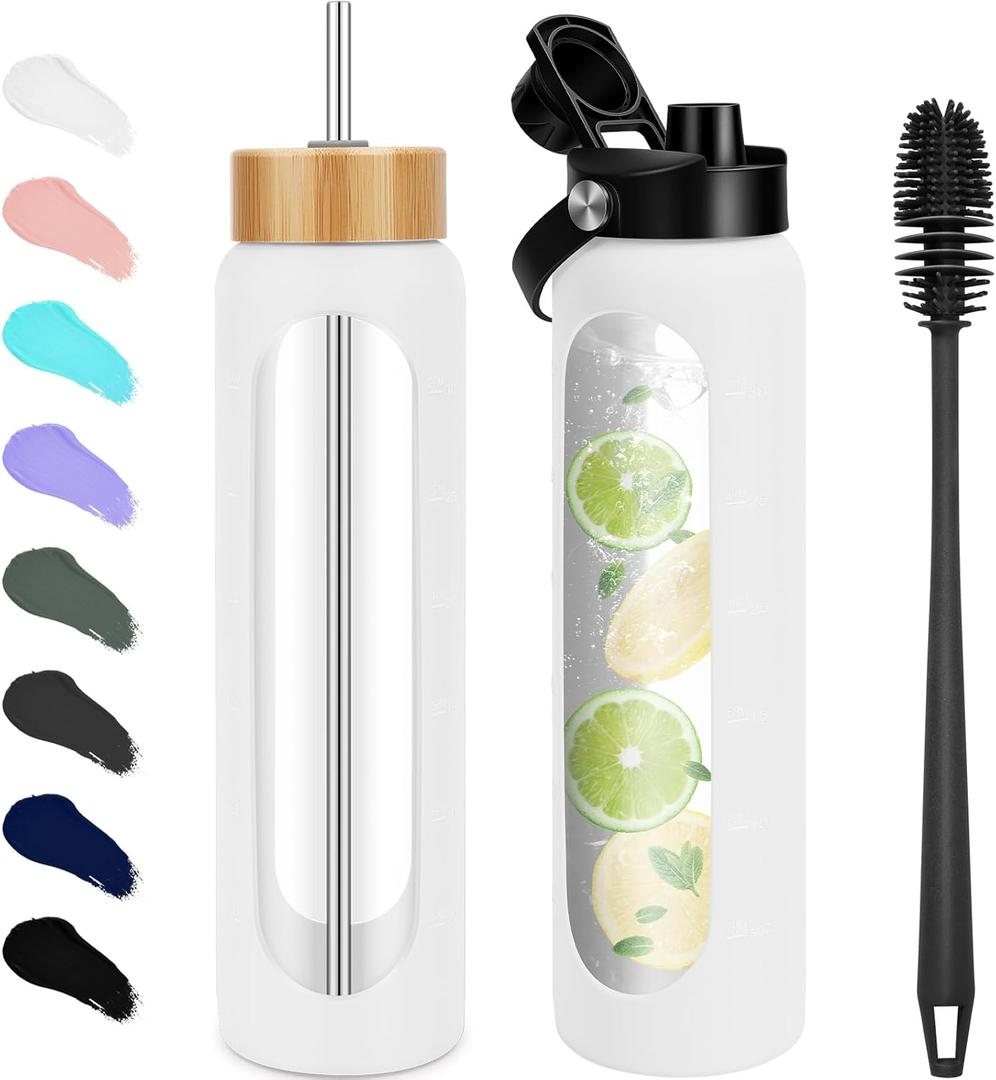 32 oz Glass Water Bottles - 1 Liter Motivational Tumbler Water Bottle Time Marker - Borosilicate Glass Water Bottle With Silicone Sleeve and 2 Lids, Handle Spout & Bamboo Straw Lid (White)
