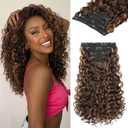REECHO Curly Hair Extensions - 4PCS 14" GoGo Curly Clip in 100% Super Protein Hairpieces with Invisible Lace Weft Silky Soft Natural Look - Warm Brown with Highlights