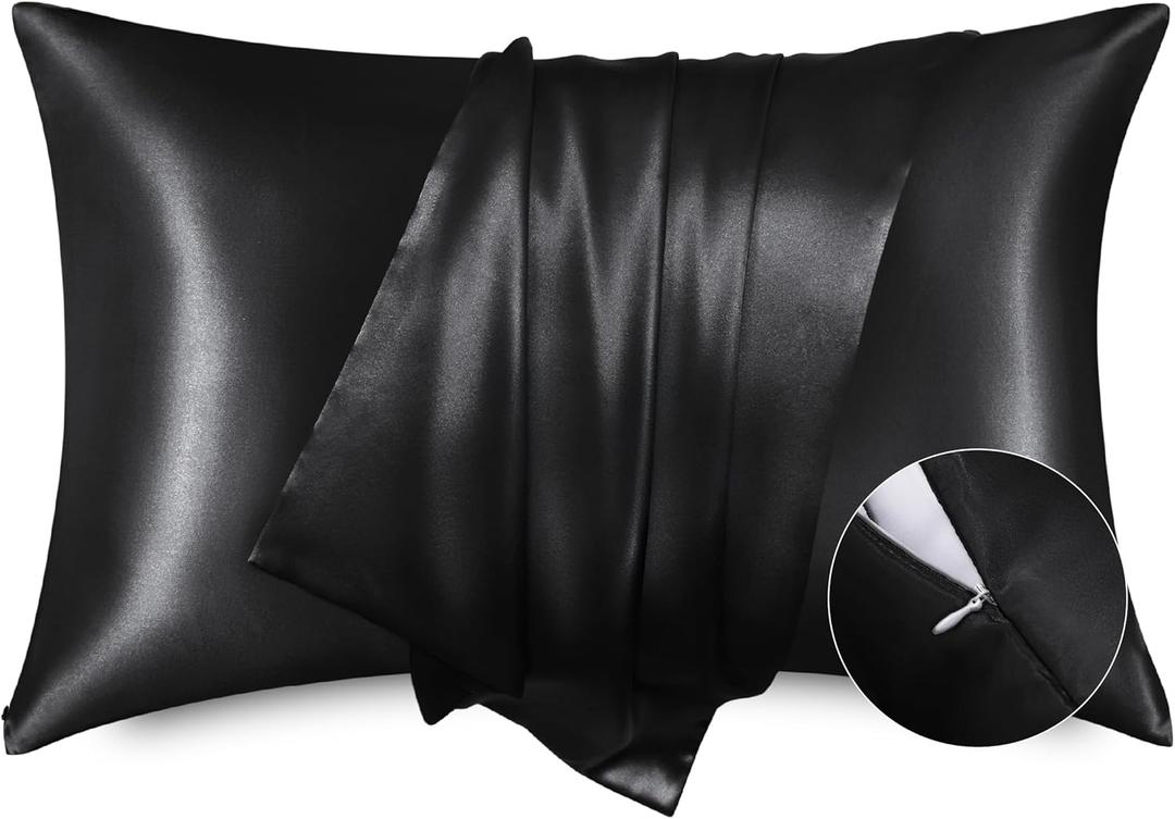 Bedsure King Size Pillow Cases, Satin Pillowcase with Zipper, Similar to Silk Pillow Cases 2 Pack, Silky & Soft Pillow Cover for Hair and Skin, Gifts for Women Men, Black, 20x36 Inches