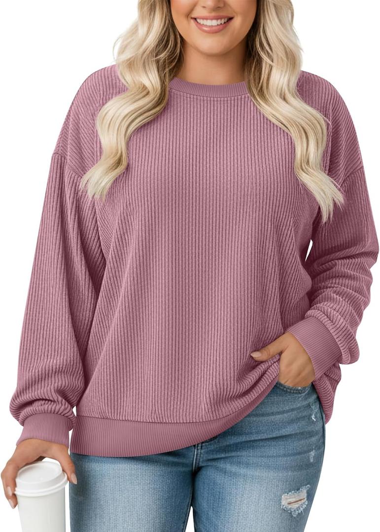 Women's Plus Size Sweatshirts Oversized Corduroy Long Sleeve Crew Neck Pullover Sweat Shirts Casual Loose Fit Tops (XX-Large, Pink)