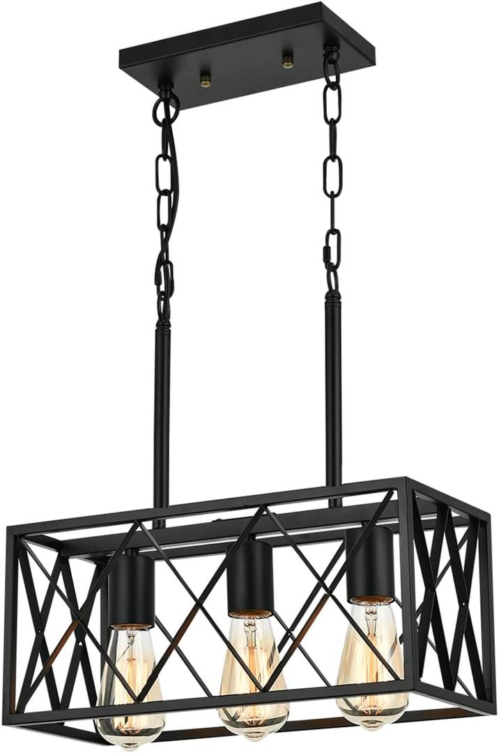 KEESFU Black Farmhouse Kitchen Island Lighting, 3 Lights Pendant Lighting Fixtures, Adjustable Height, Industrial Dining Room Light for Living Room Foyer Dining Table Over Sink.