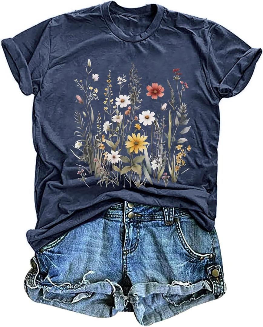 Women's T-Shirts Vintage Boho Sun Flowers Graphic Tees Cute Wildflowers Shirts Casual Summer Short Sleeve Tops (Medium, Blue)