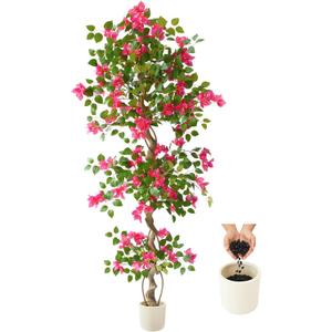 Warmplants Artificial Bougainvillea Tree 6ft Fake Plant with White Planter | Faux Pink Flower Plant, Artificial Blooming Topiary Trees for Indoor Outdoor Home Office Wedding Decor