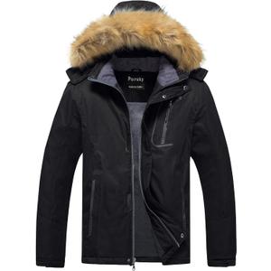 Pursky Men's Waterproof Ski Jacket Winter Snow Coats Fur Hooded Raincoats Parka (Black, L)