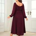 SCOMCHIC Women Plus Size Maxi Dress Long Sleeve Square Neck Wedding Guest Cocktail Belted Elegant Flowy A Line Long Dresses Burgundy 4XL
