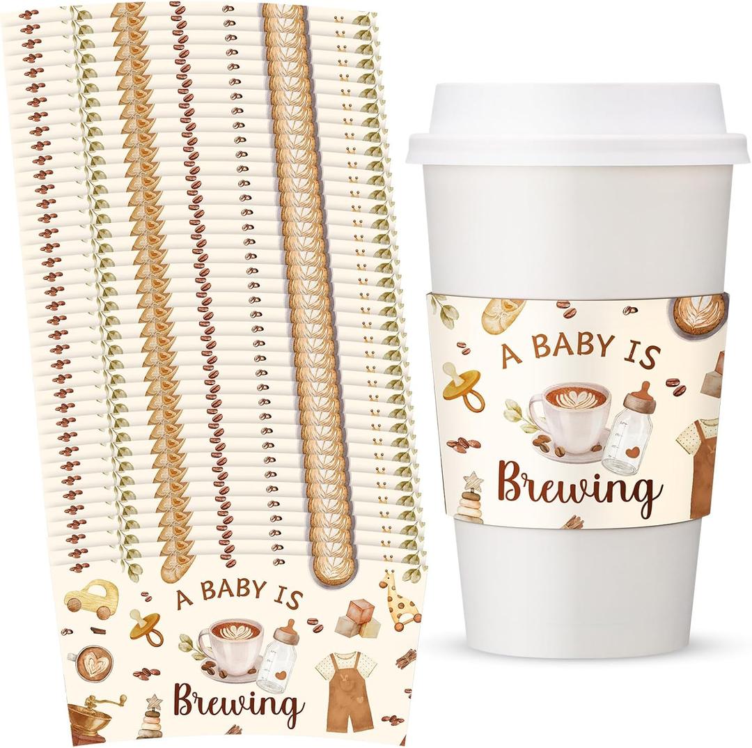50 Pcs a Baby Is Brewing Coffee Sleeves Disposable Bridal Shower Cup Sleeves Brewing Coffee Cups Holder Brewed Covers Baby Shower Decoration for Baby-shower Party Supplies