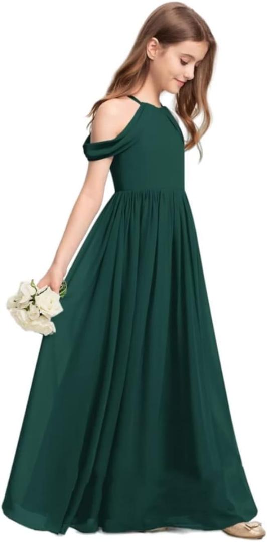 Off-Shoulder Junior Bridesmaid Dresses Long Chiffon Flower Girl Dress for Teen Girls Party Pageant Gowns Halter (Green, 16)