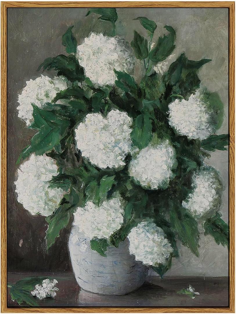 InSimSea Framed Canvas Prints Art Vintage Decor, Flower Wall Art Home Decor, White Hydrangea Retro Paintings, Botanical Floral Wall Decoration for Bathroom Living Room Office, 12"x16"
