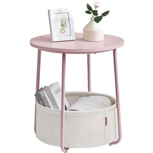 VASAGLE Small Round Side End Table, Modern Nightstand with Fabric Basket, Cement Gray and Cream White ULET223G49