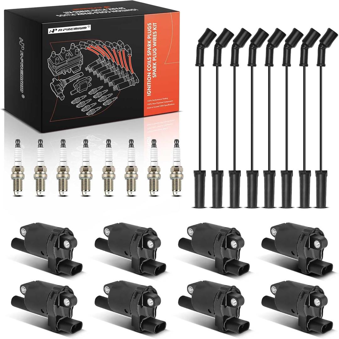 A-Premium 8 Ignition Coils with 8 Spark Plug Wires and 8 Iridium Spark Plugs Compatible with Chevy, GMC & Cadillac Models - Silverado 1500, Tahoe, Sierra 2500 HD, Yukon, Camaro, Escalade, CTS