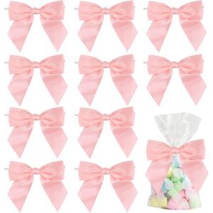 AIMUDI Baby Pink Satin Ribbon Bows 4.5" Pre-Tied Bows with Twist Ties for Gift Wrapping Treat Bags Boxes Baby Shower Wedding Party Favors Valentine's Day Decorations, 36 PCs