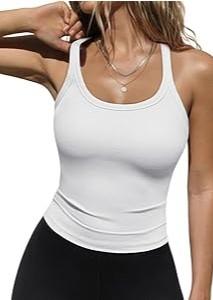 Women's Scoop Neck Tank Tops Ribbed Knit Slim Fit Sleeveless Camisole Shirts Casual Basic Solid Stretch Cami Tops Blouse (White XL)