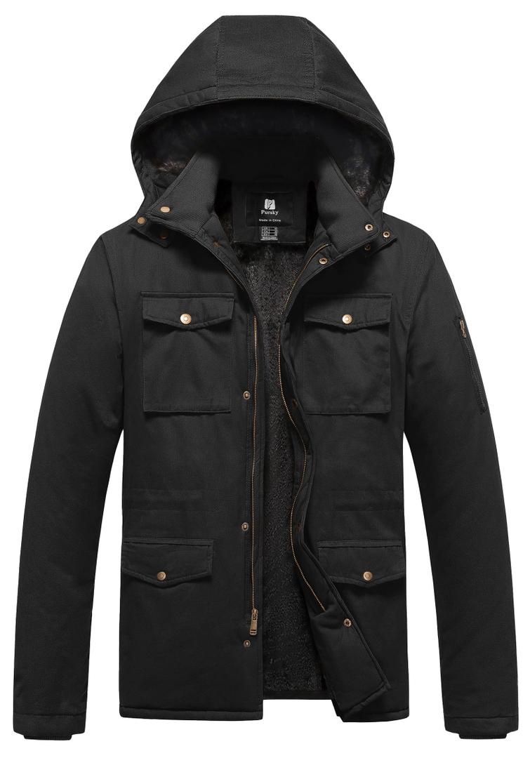 Pursky Men's Winter Coats Thicken Fleece Lined Cotton Coat Men Warm Cargo Jacket Men's Windproof Insulated Parka with Hood Dark Gray 4XL