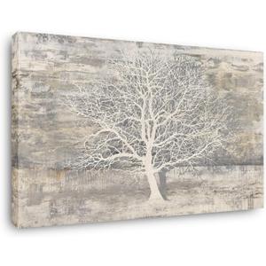 Yihui Arts Tree Of Life Canvas Wall Art Hand Painted Grey White Beige Paintings Modern Abstract Forest Pictures Artwork for Living Room Bedroom Office Decoration (20x28IN)