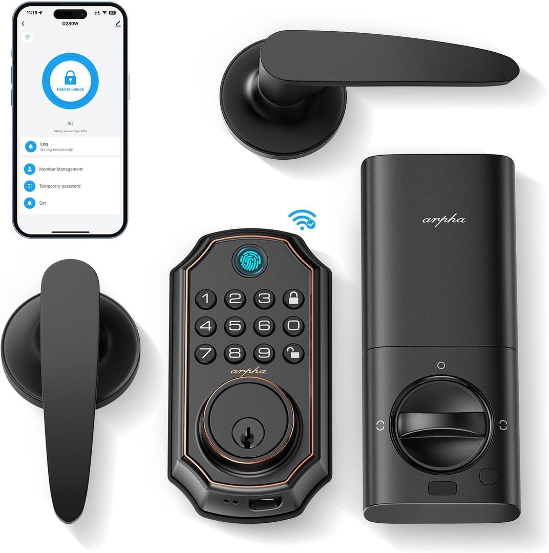 Keyless Entry Door Lock with Handle Set, WiFi Door Lock Fingerprint, Bulit-in WiFi Deadbolt, App Remote Control, Electronic Keypad Deadbolts, Safety Front Door Locks, Support Alexa, Easy Installation