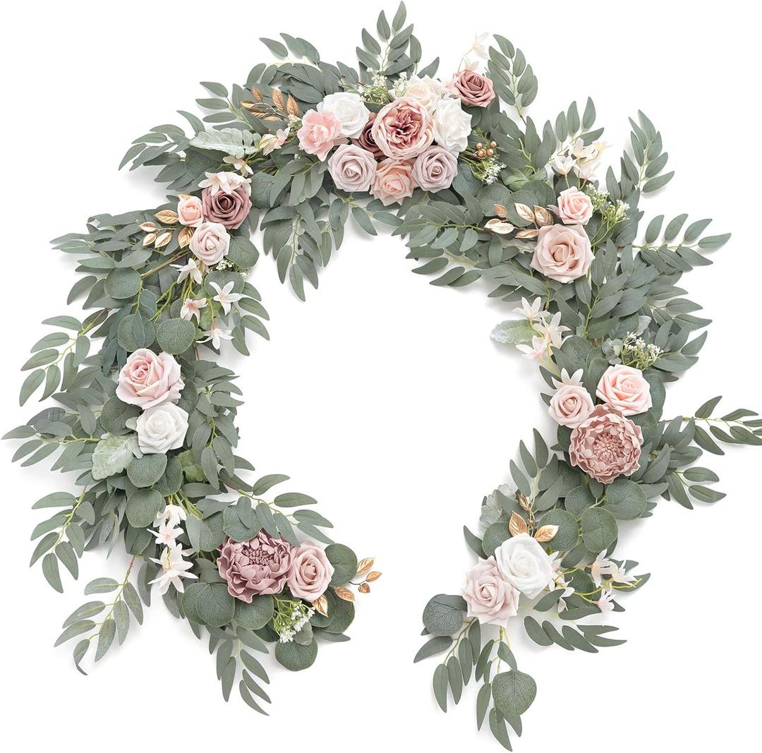 Ling's moment Flower Garland - 6FT Eucalyptus & Rose - Pink Sweetheart Table Decor for Wedding Reception, Artificial Floral Garland for Mantle, Thanksgiving, Christmas Decoration, Dusty Rose