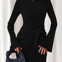 dowerme Women's Casual Mini Dress 2026 Bell Long Sleeve Boat Neck Tie Waist Bodycon Dresses Knitted Party Spring Outfits (Black, L)