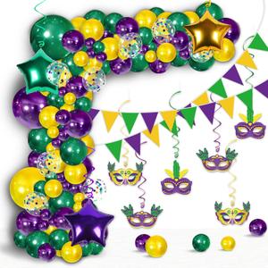 Mardi Gras Balloons Garland Arch Kit Decorations - Carnival Purple Green Gold Banner & Hanging Swirls for Birthday Party Decor Supplies