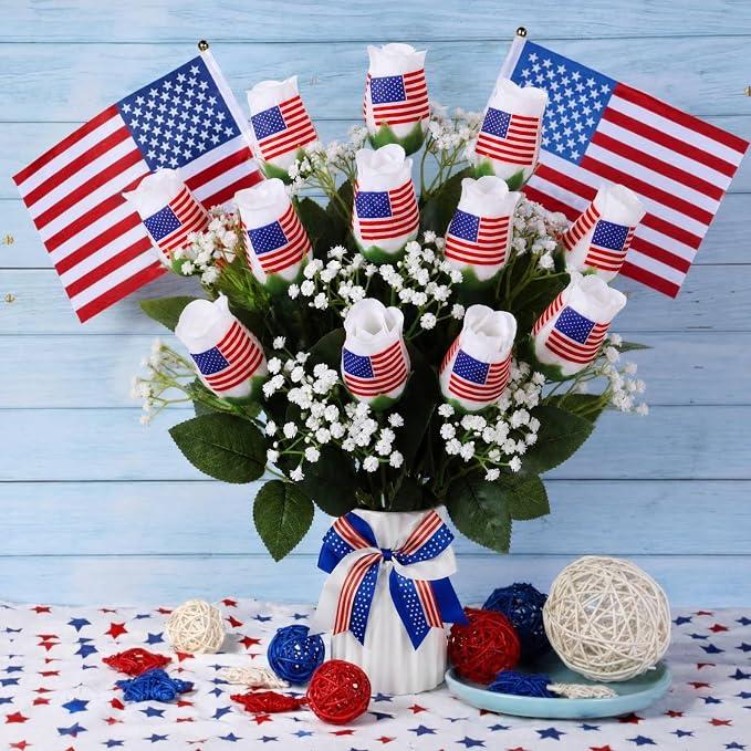 Suhine 12 Pcs 4th of July Rose Flowers Patriotic Table Centerpieces Independence Day Party Decorations Supplies Artificial USA Flag Flowers Gifts for Veterans Election Memorial Day (4th July, Normal)