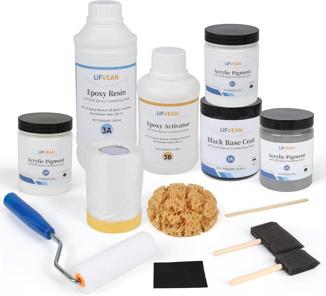 Epoxy Countertop Paint Refinishing Kit for Kitchen Bathroom Glossy Coating for Marble Granite Laminate Ceramic Tile, Cover 40 sq.ft, Granite White