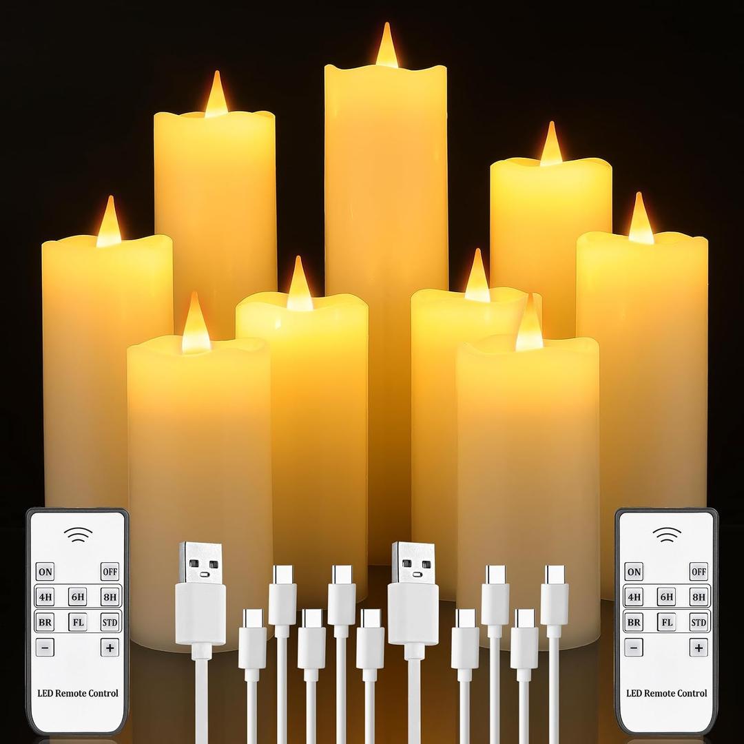 Rechargeable Flameless Candles with Remote and Timer USB-C Candles
9-Pcs Flickering Pillar Candles Coated with Real Wax for Halloween, Christmas, Home, Wedding & Holiday Decor (6 Sizes, White)
