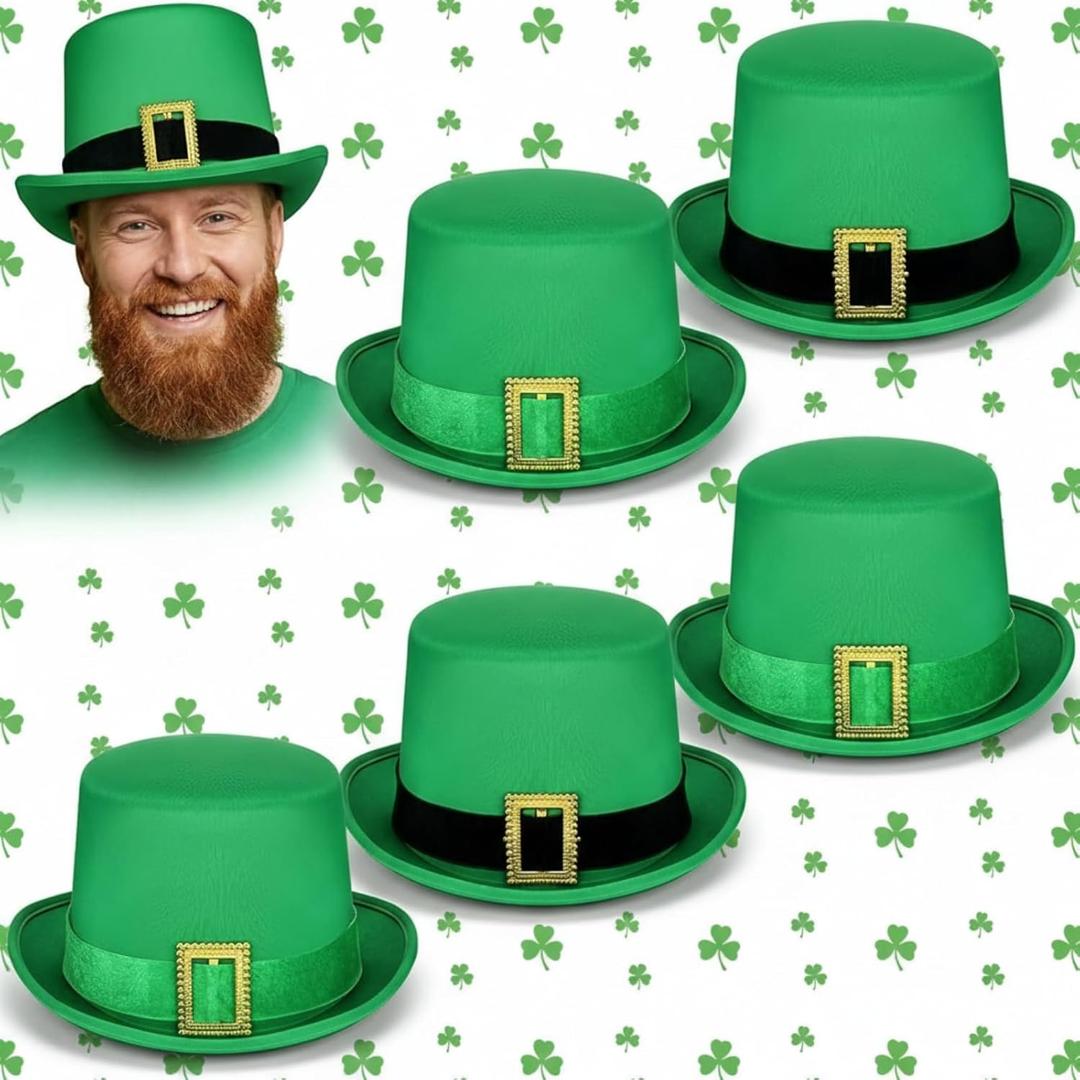 Newcotte 6 Pcs St Patrick's Day Hats Bulk Leprechaun Green Top Hat with Buckle Irish Shamrock Leprechaun Costume Accessories for Women Men Adults St Patrick's Day Cosplay Party Wear Supplies