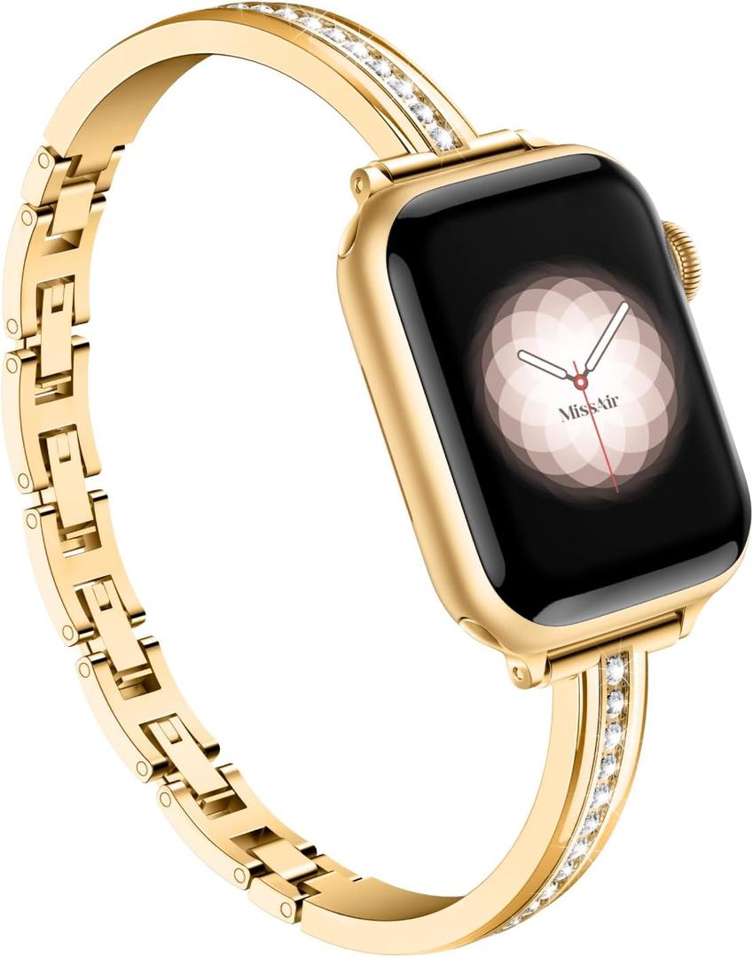 Missair Bands Compatible with Apple Watch Band 38mm 40mm 41mm 42mm 44mm 45mm 46mm 49mm for Women, Slim Metal Dressy Jewelry Bracelet with Bling Diamond for iWatch Series 11 10 9 8 7 6 5 4 3 SE Ultra (Gold)