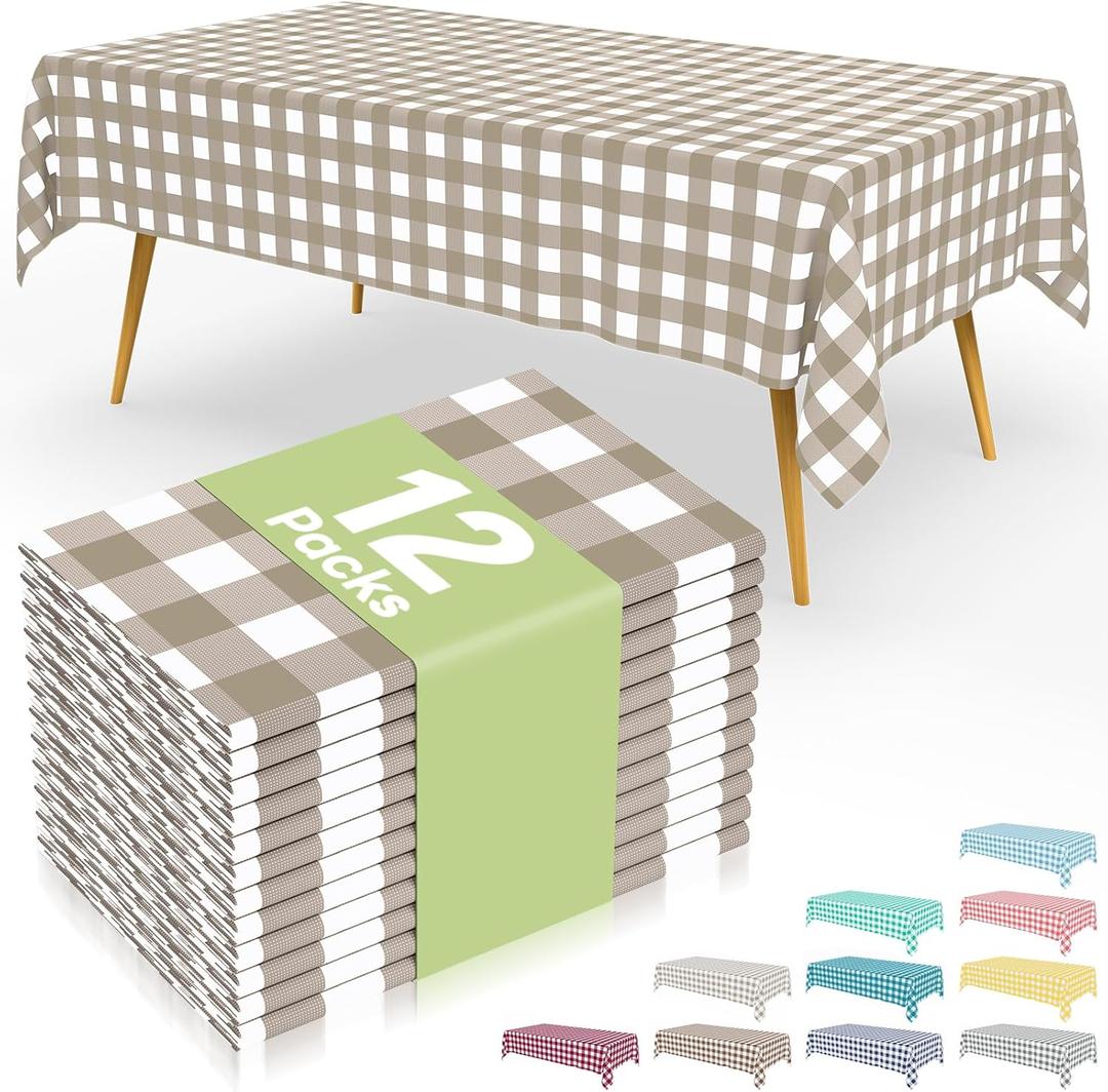 Smiry 12 Packs Gingham Disposable Table Cloth, 54 x 108 Inch Waterproof Plastic Tablecloth, Rectangle Khaki and White Checkered Table Covers for Outdoor, Birthday, Party