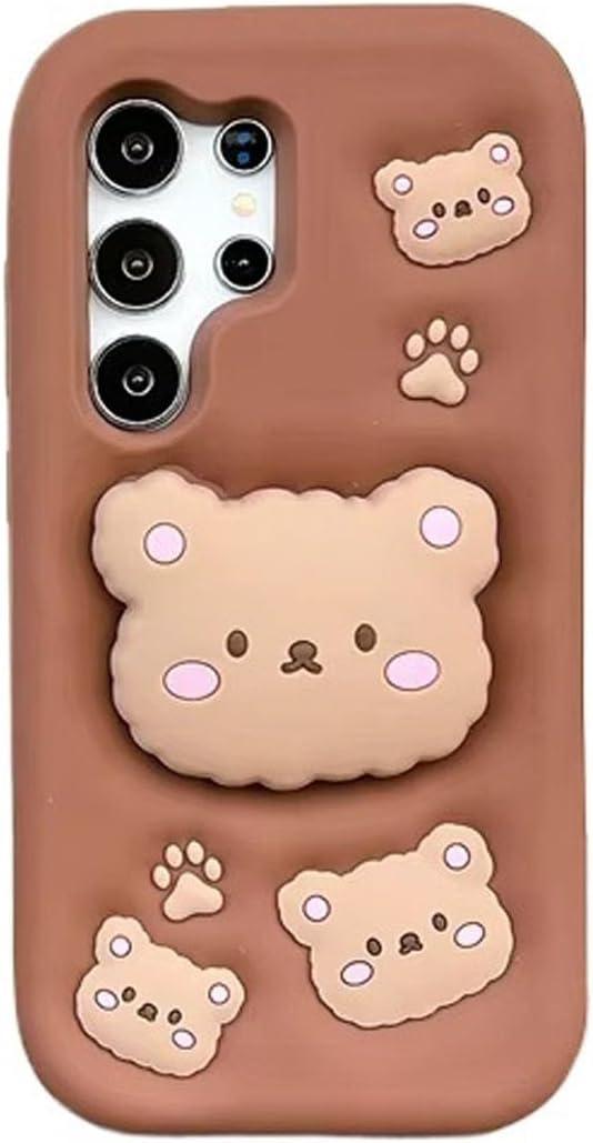 Cute 3D Bear Phone Case for Samsung Soft Silicone Shockproof Cover with Built-in Stand, Adorable Cartoon Teddy Bear Design Silicone Phone Cover for Girls Kids Teens (for Galaxy S21 FE,Brown)