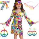 MRYUWB 70s Hippie Dress for Girls, 1970s Outfits Peace Sign Necklace Headband, 60s Themed Party Costumes for Kids 5-14 Years L 