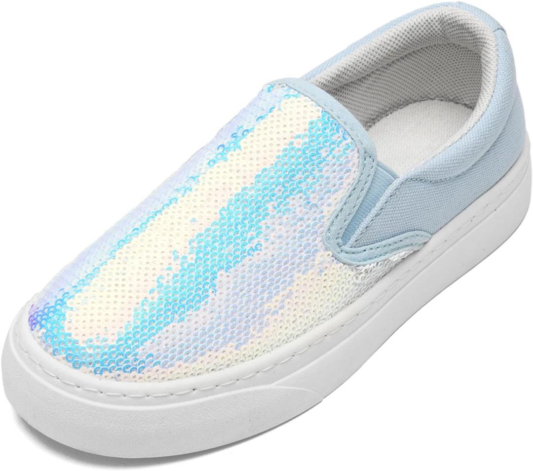 Toddler Girls and Boys Sneakers Canvas Low Top Slip On Casual Sparkle Sequins Walking/Running Shoes (10 Little Kid, Blue)