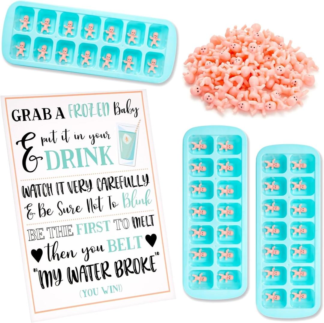 Juvale My Water Broke Baby Shower Game Kit  60 Mini Plastic Babies for Hilarious Games & Prizes - Includes 3 Ice Cube Trays & Sign