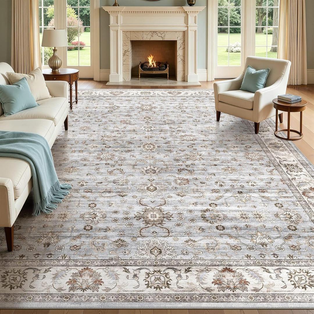 Washable Area Rug 10x14 Non-Slip Floral Carpet, Gray/Light Blue