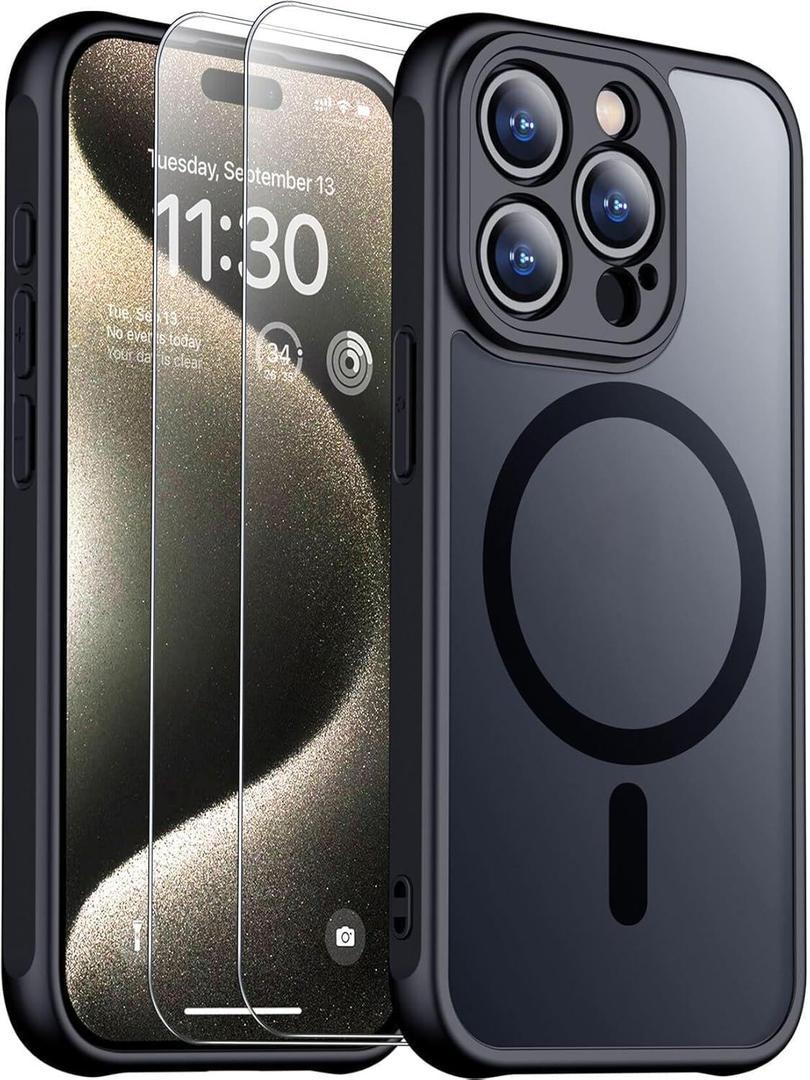 2 x SPIDERCASE Designed for iPhone 15 Pro Max Case, Magnetic Translucent [2 Tempered Glass Screen Protector] [Full Camera Protection] Anti-Fingerprint Anti-Scratch for iPhone 15 Pro Max 6.7, Black