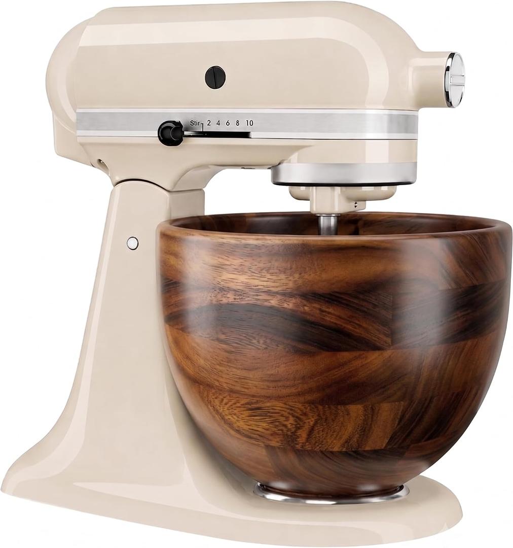 Premium Solid Walnut Wood Mixing Bowl, Compatible with KitchenAid 4.5 & 5 QT Tilt-Head Stand Mixer, Wooden Mixing Bowls for Mixer with Stainless Steel Locking Base, A Thoughtful Gift for Mixer Owners