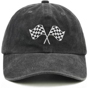 Racing Car Flag Hat for Men Women, Adjustable Embroidered Washed Race Car Baseball Cap (Black)